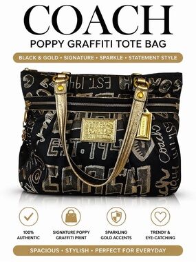 Rare Coach Poppy Graffiti Tote Black Gold 2010 Style 15301 Y2K